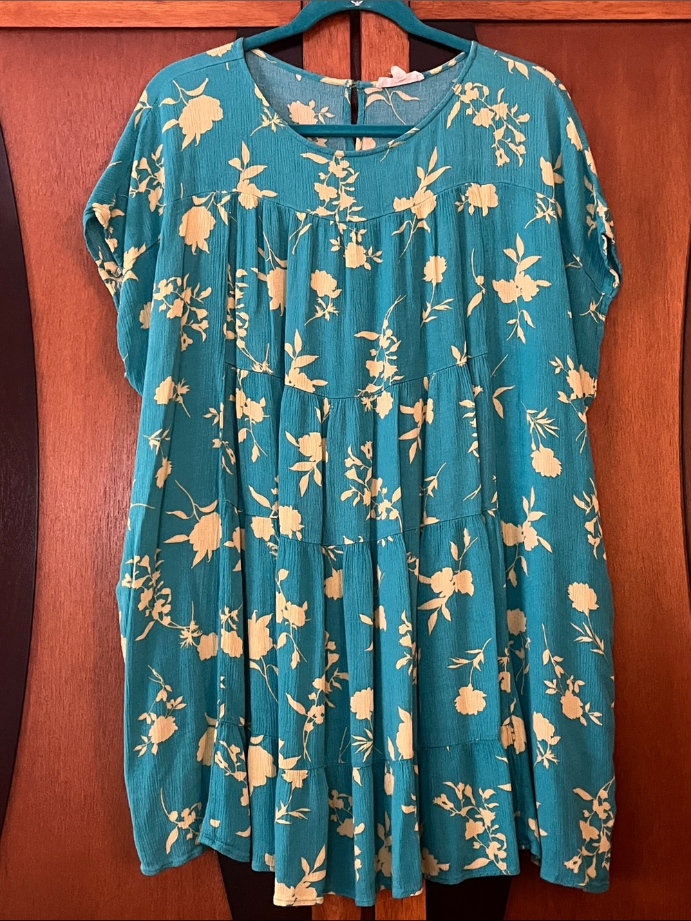🦀Teal & Yellow Floral Short Sleeve Tunic Top or Mini Dress w/Pockets & Tiers